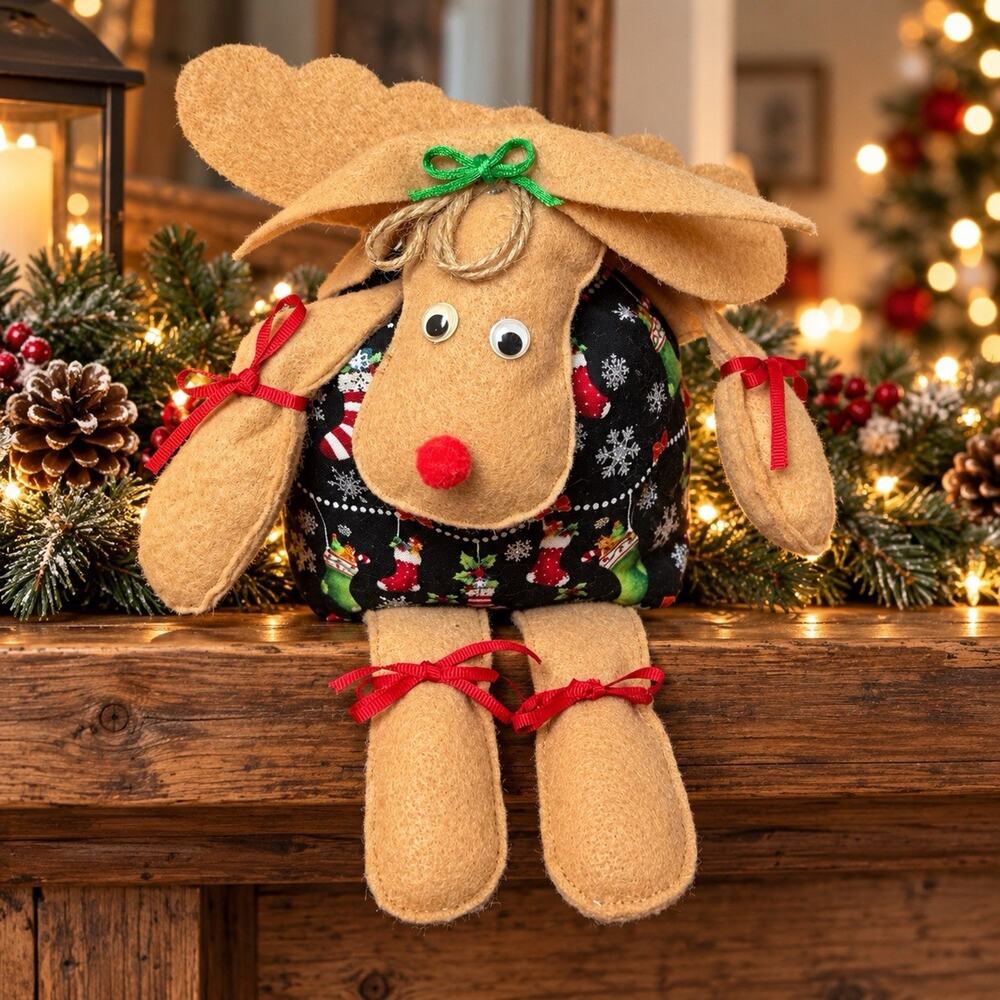 Handmade Christmas Reindeer Shelf Sitter Felt Fabric Dangling Legs Country Decor